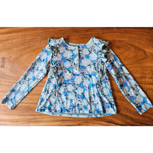 Girls Tea Collection Long Sleeve Tee Size 12 Light Blue Multicolor Floral Ruffle